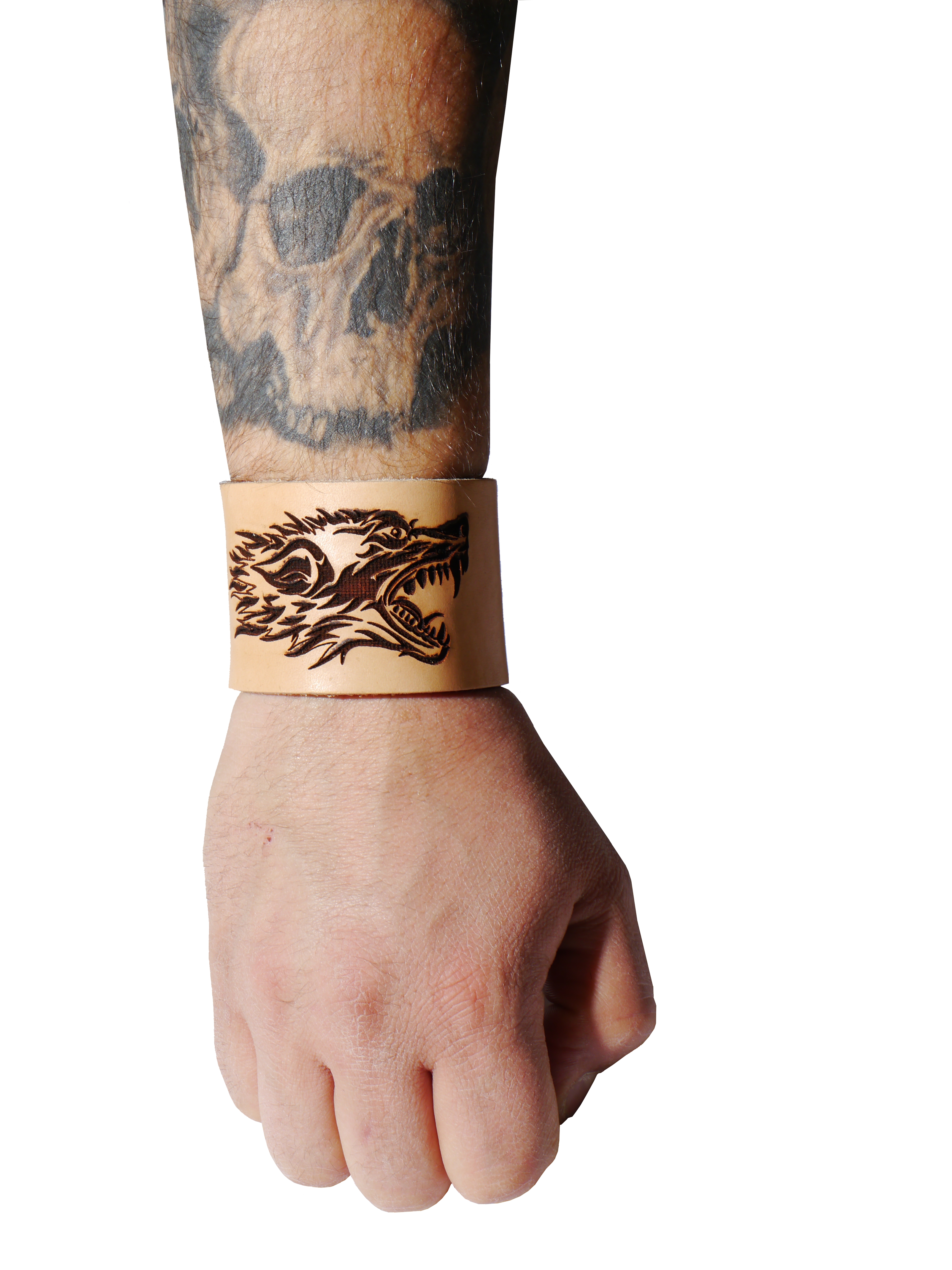 Armband 5cm mit Wolfskopf - aus natur Leder